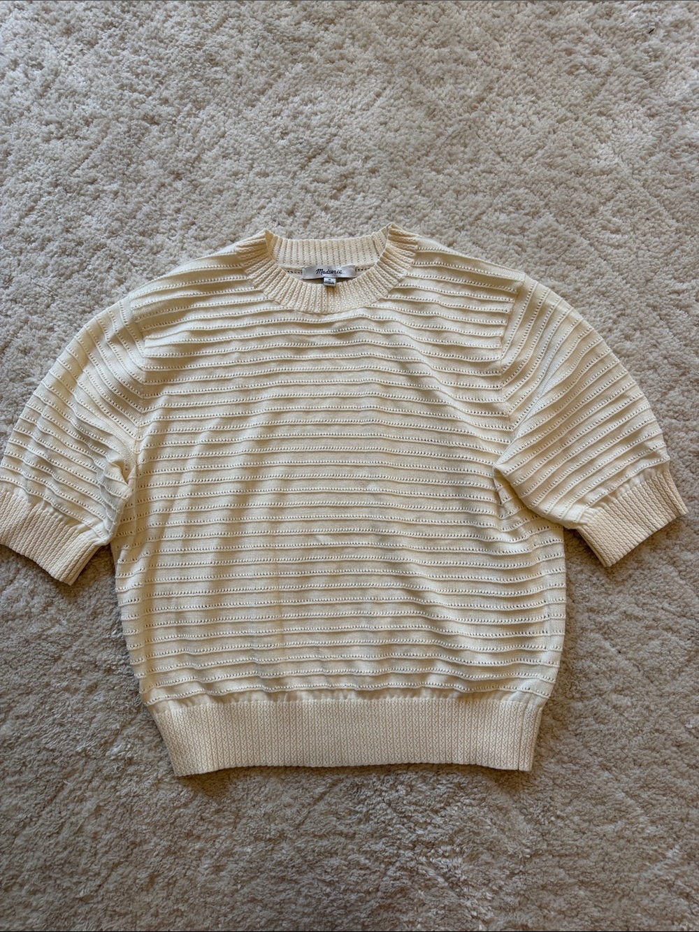 Madewell Cream Short-Sleeve Textural-Stitch Cotton Sweater